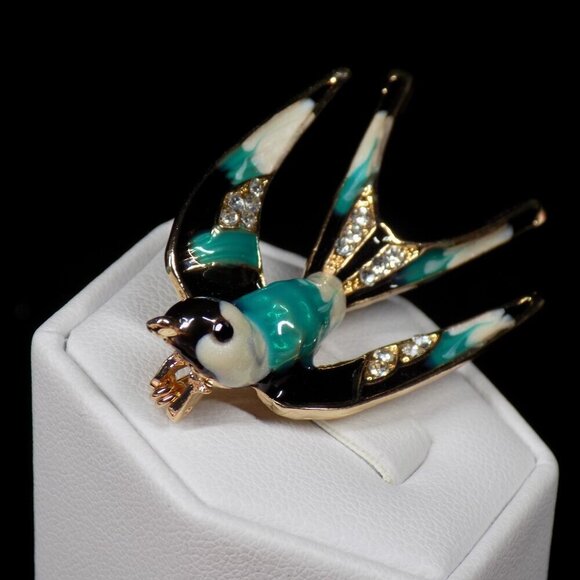 Vintage Swallow Bird Pin Brooch Enamel Clear Rhinestones Gold-tone Multicolor - Picture 2 of 5